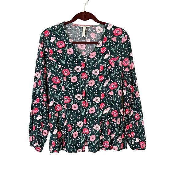 Matilda Jane Top Women Large Green Floral V Neck Long Sleeve Button Blouse NWT - Picture 1 of 8